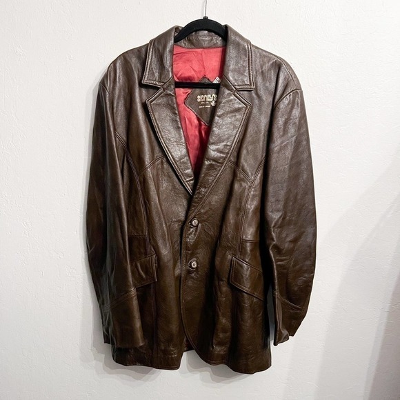 Vintage SYDNEYS Brown Leather Button Jacket Retro Classic Mid Length Canada XL L - Picture 1 of 4